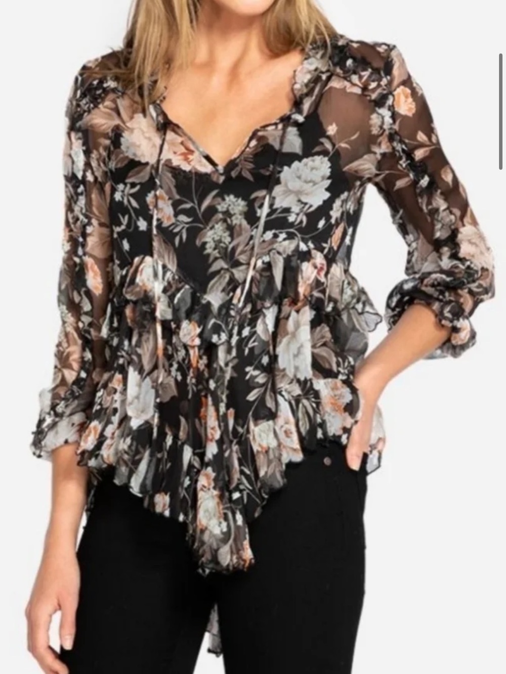 Johnny Was Black Sheer Floral Ruffled Top with Cream and Coral Blooms
